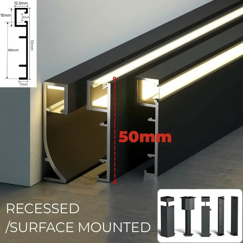 Modern black aluminum led skirting profile living room recessed light