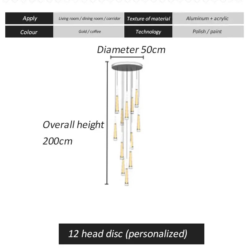 Modern gold & black led spiral chandelier stairwell pendant light