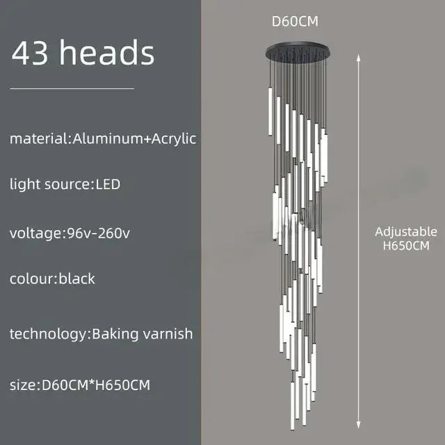 Modern black led spiral staircase chandelier for living room