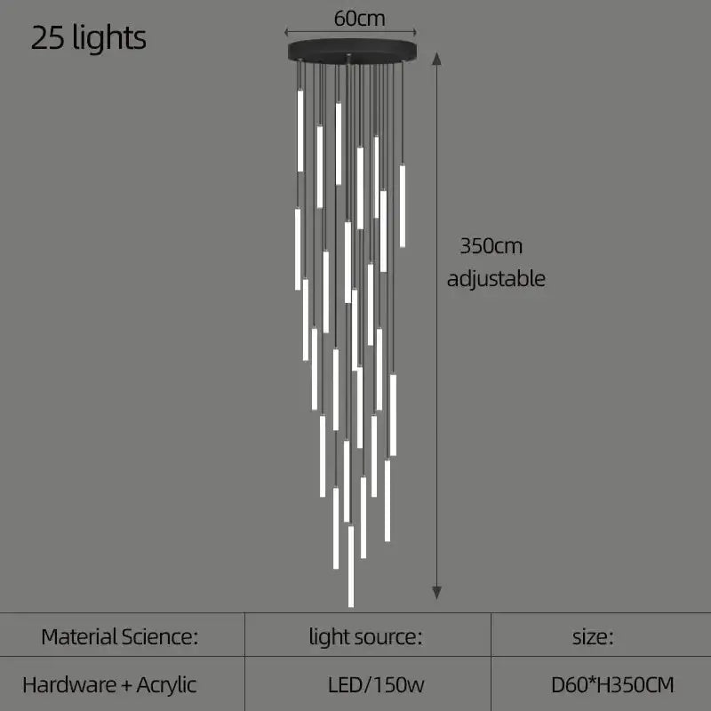 Modern black led spiral staircase chandelier for living room