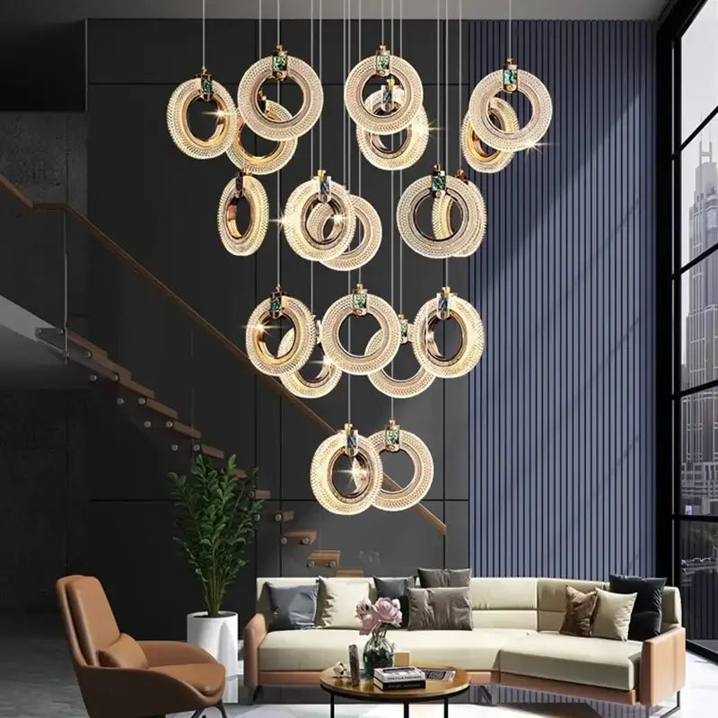 Modern gold and green crystal led staircase chandeliers living room