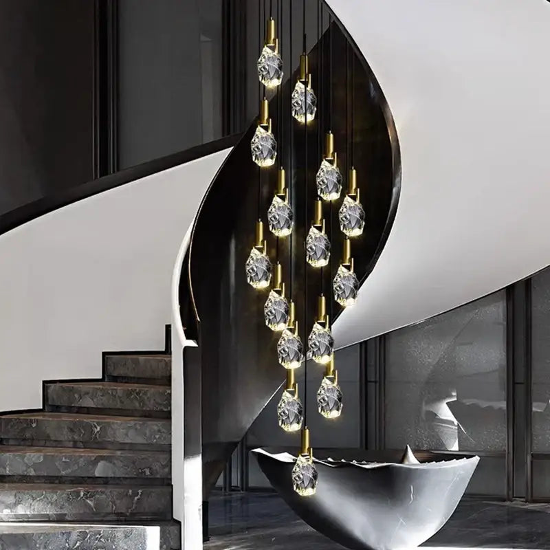 Modern gold crystal led staircase chandeliers living room pendant light