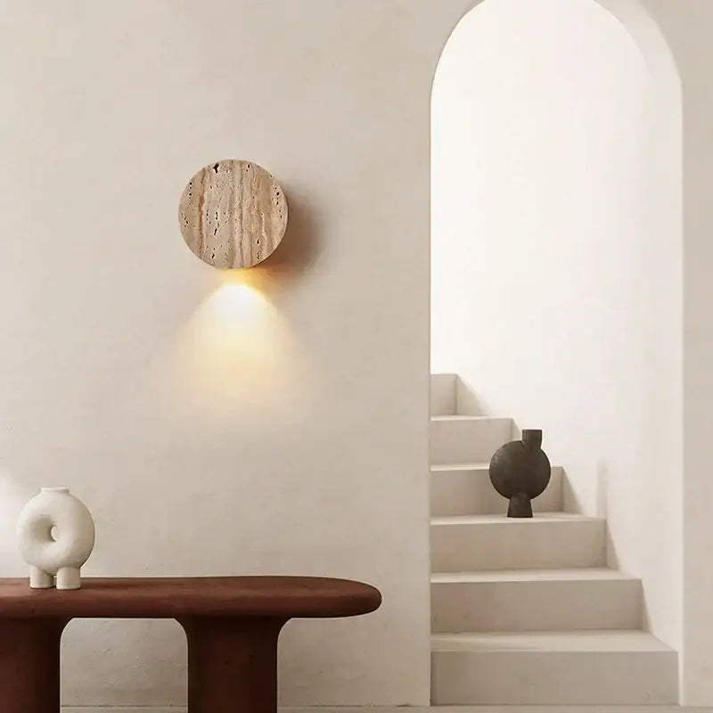 Modern beige stone wall lamp for living room warm textured sconce