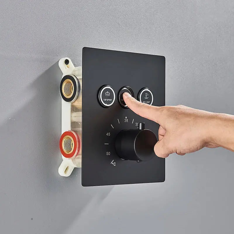 Matte black led thermostatic rainfall shower system with tub spout