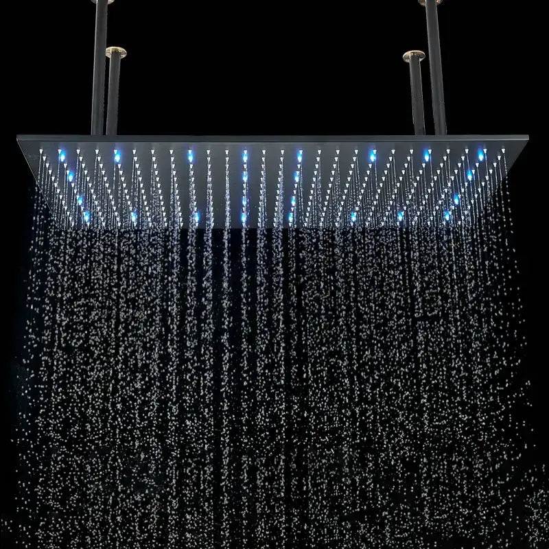Matte black led thermostatic rainfall shower system with tub spout