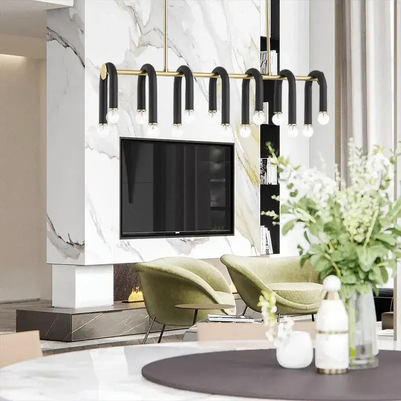 Modern black & brass led tube chandelier living room pendant light
