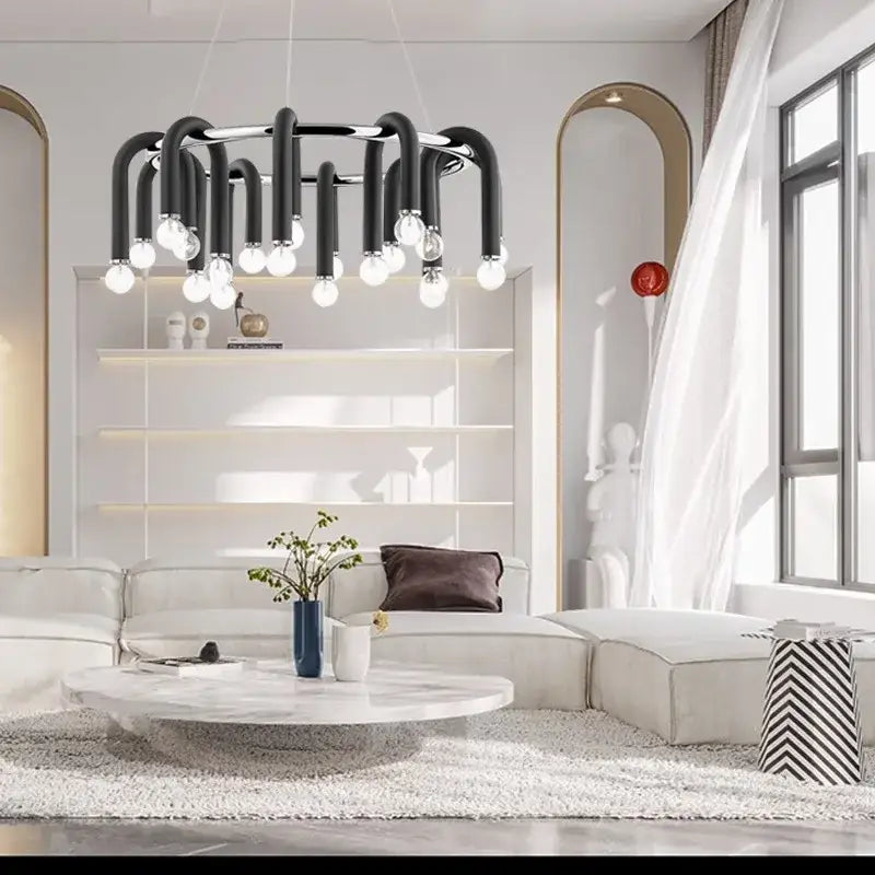 Modern black & brass led tube chandelier living room pendant light