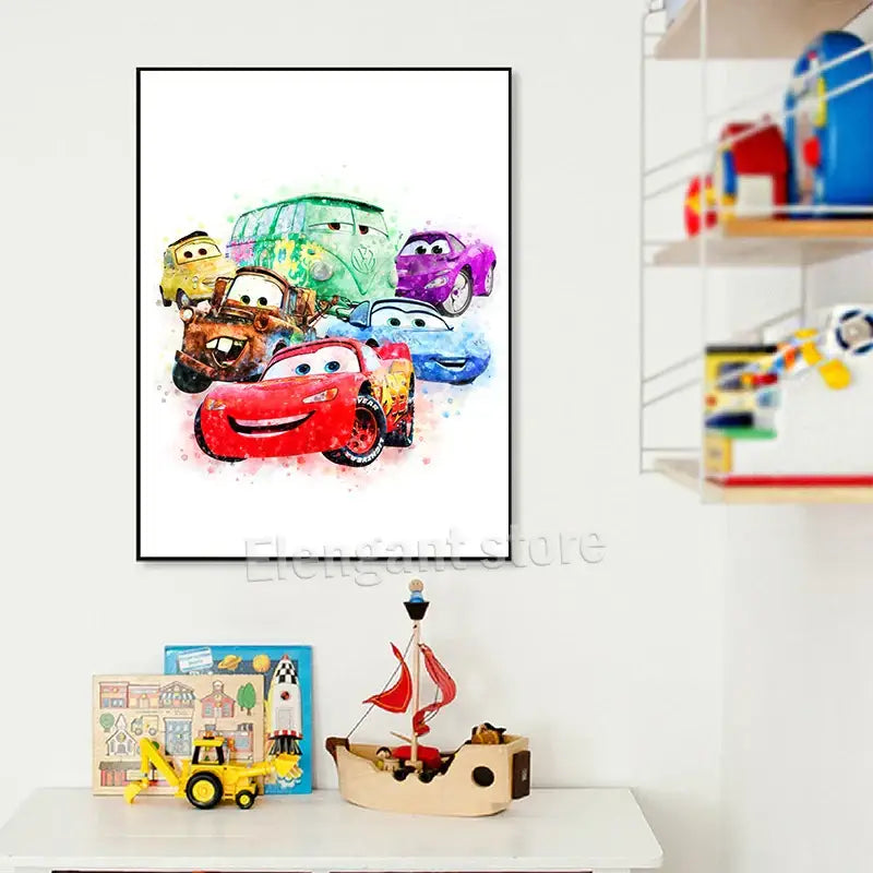 Lightning mcqueen cartoon car art framed prints for boys bedroom