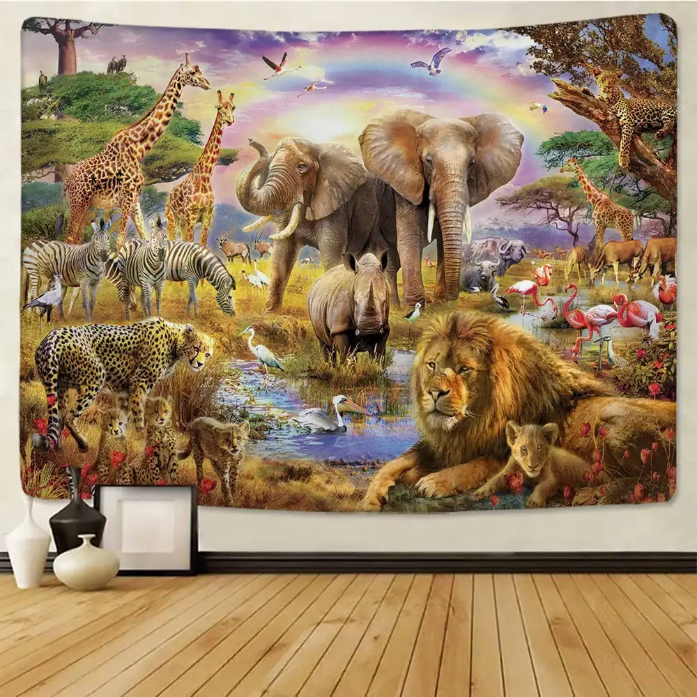 DecorBites™ Lion Tapestry African Grassland Animals Cartoon Wall Hanging Blanket
