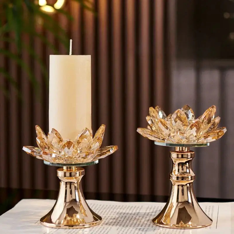 Golden crystal lotus glass flower candle holder dining room tabletop