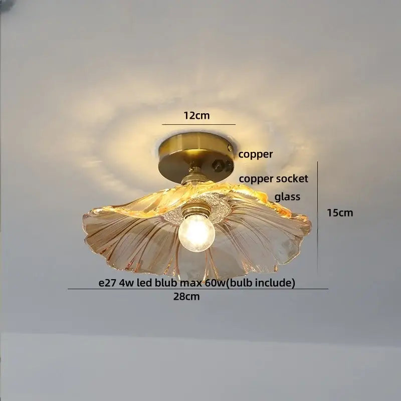 Modern amber lotus glass led ceiling light bedroom copper base