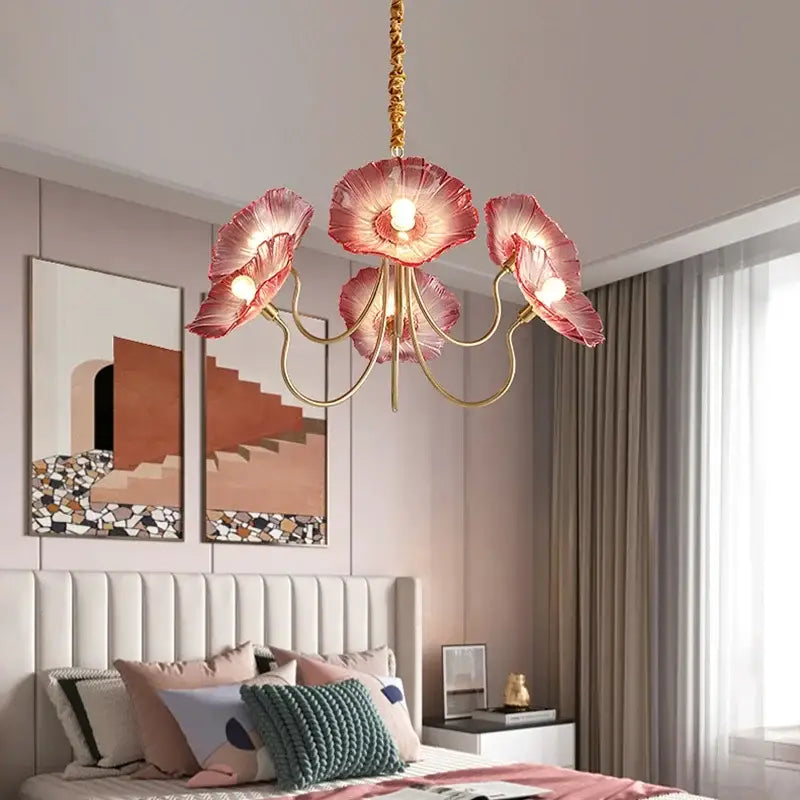 Elegant pink lotus leaf glass ceiling chandelier for living room