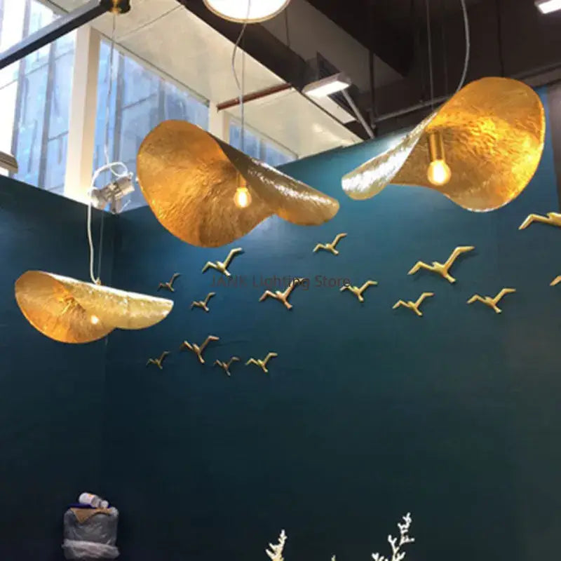 Elegant gold leaf hat pendant lamp for dining room