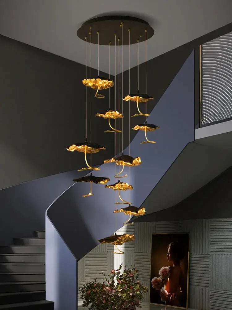 Decorbites lotus staircase gold & black flower chandelier stairwell light