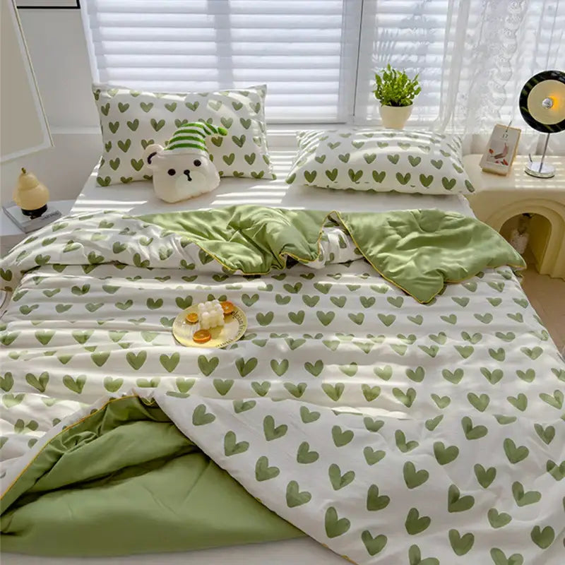 White & olive green love print soft summer quilt bedroom bedding