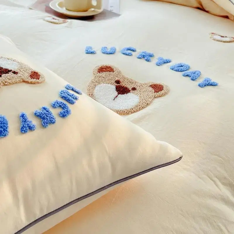 Lovely bear and sheep embroidered bedding set bedroom cream plush duvet
