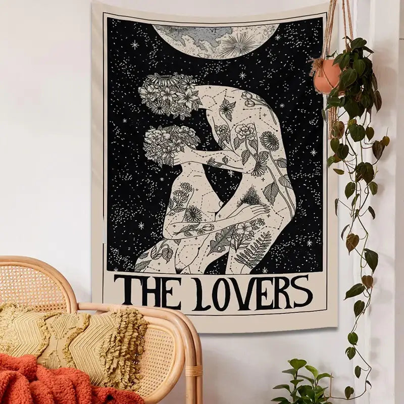 Boho beige and black lovers tarot tapestry bedroom wall decor
