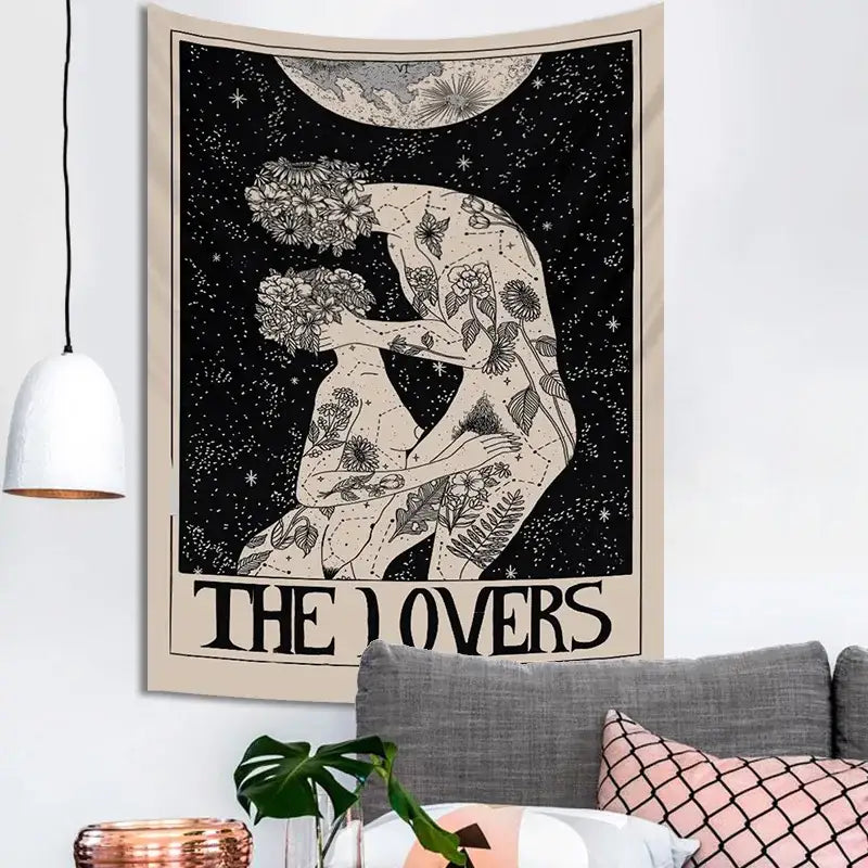 Boho beige and black lovers tarot tapestry bedroom wall decor
