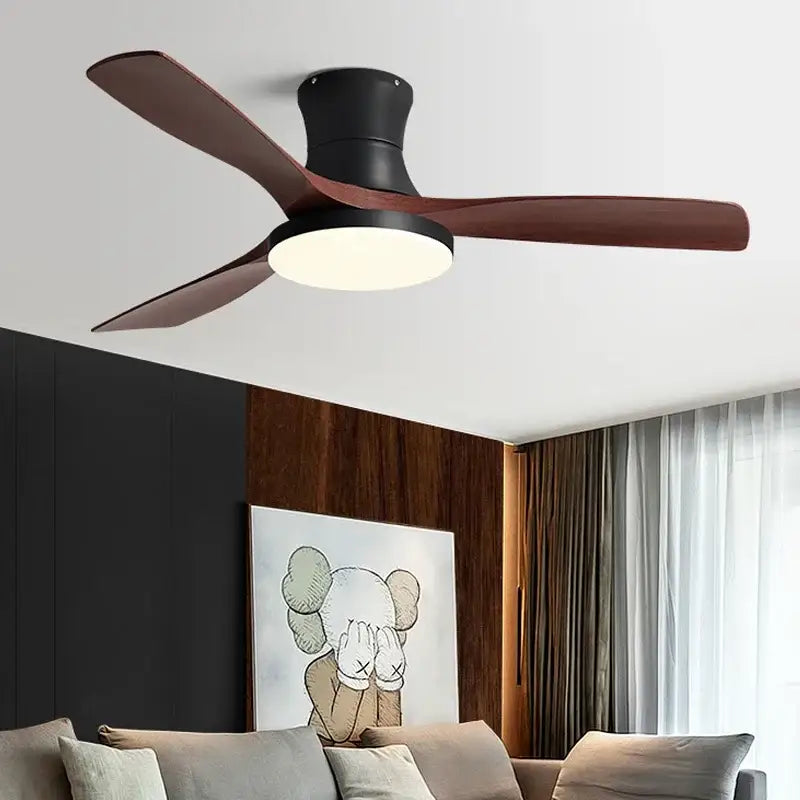 Modern black and dark wood low profile ceiling fan bedroom light