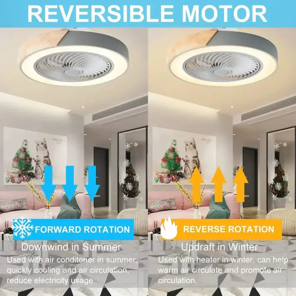 Modern gray & wood low profile ceiling fan bedroom led light