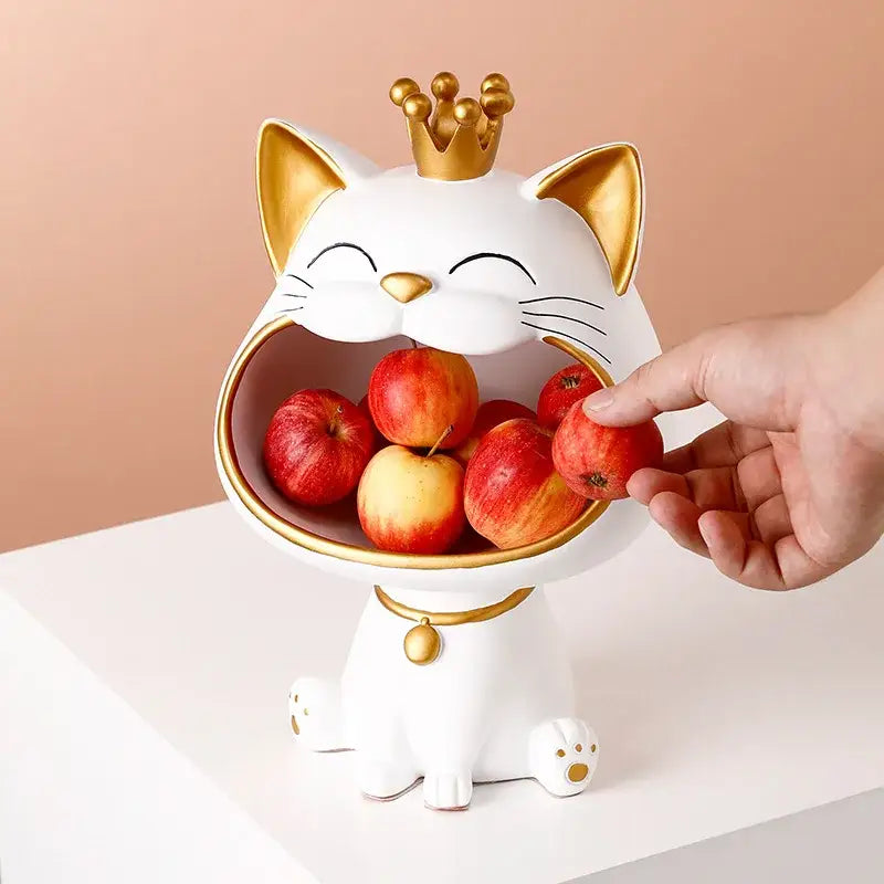Modern white and gold lucky cat sculpture kitchen fruit bowl