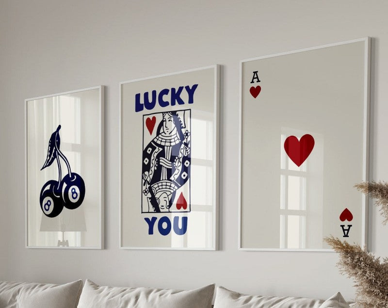 Retro blue and cream playing card wall art set living room decor