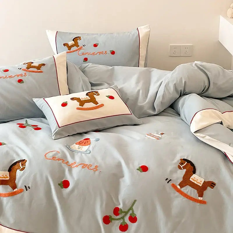 Light blue rocking horse lucky trojan cotton bedding set bedroom