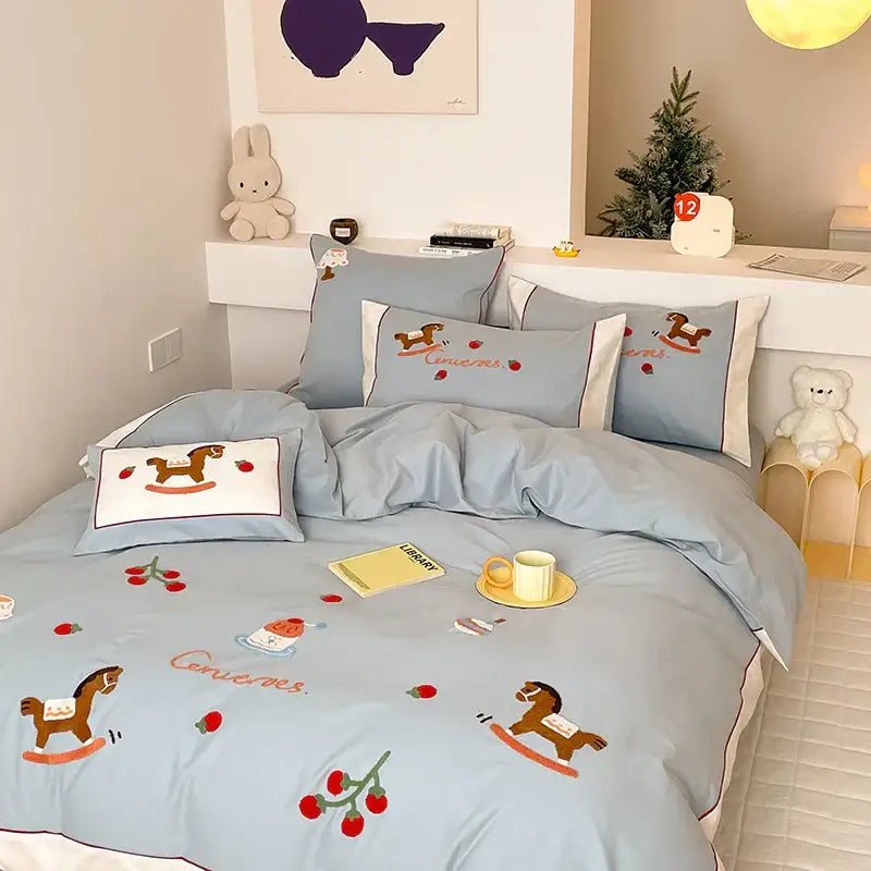 Light blue rocking horse lucky trojan cotton bedding set bedroom