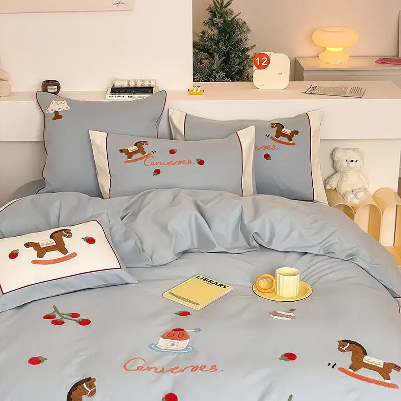 Light blue rocking horse lucky trojan cotton bedding set bedroom
