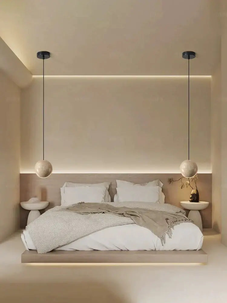 Minimalist concrete lunar stone pendant – bedroom led sphere light