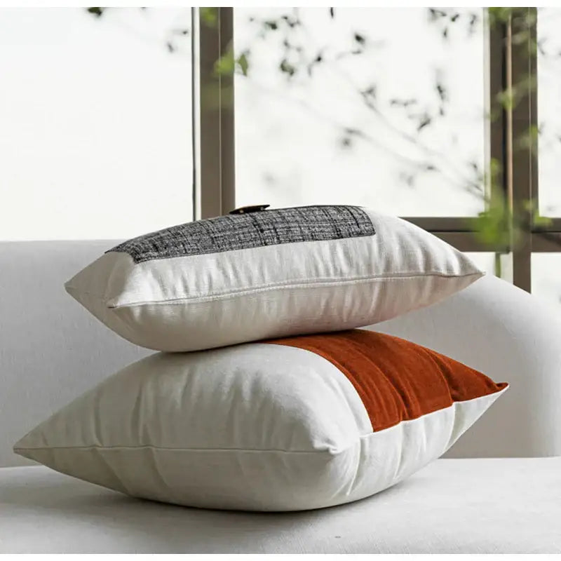 Cream luxe flannelette leather patchwork cushion cover living room