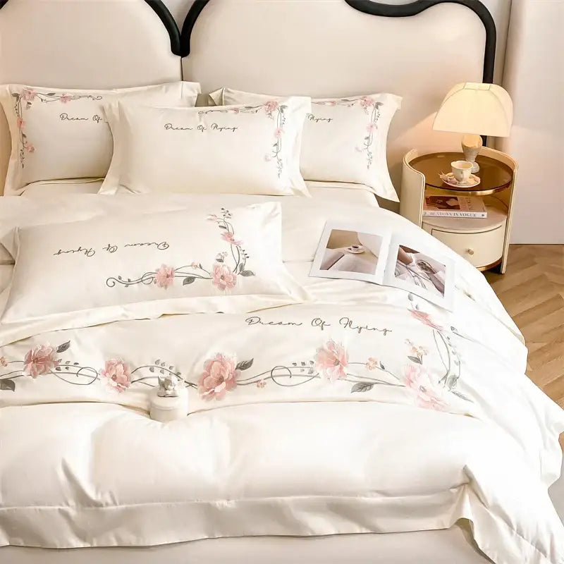Luxe cream and pink floral embroidery bedding set bedroom decor