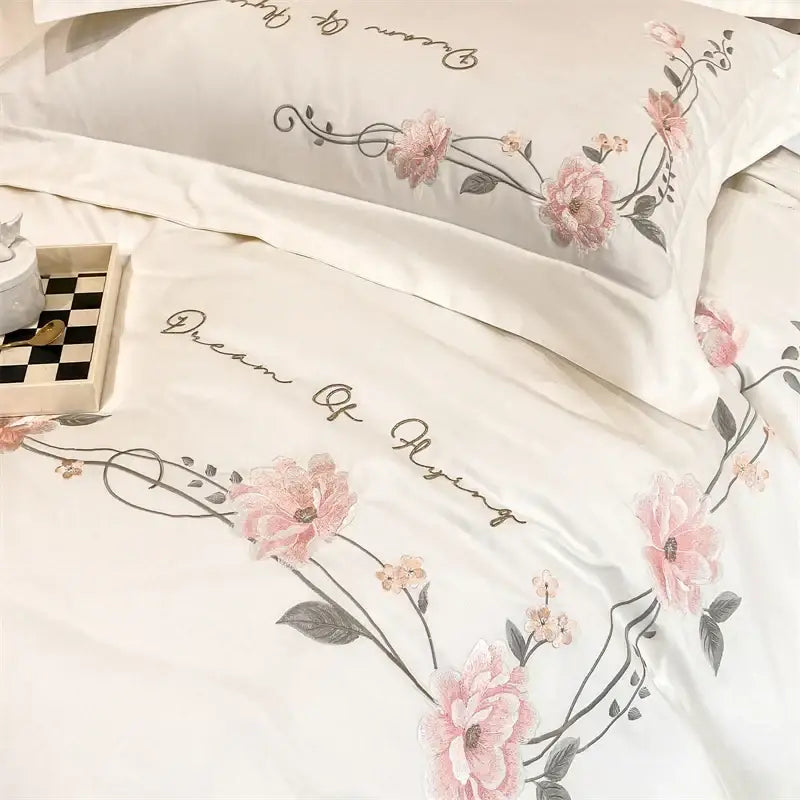 Luxe cream and pink floral embroidery bedding set bedroom decor