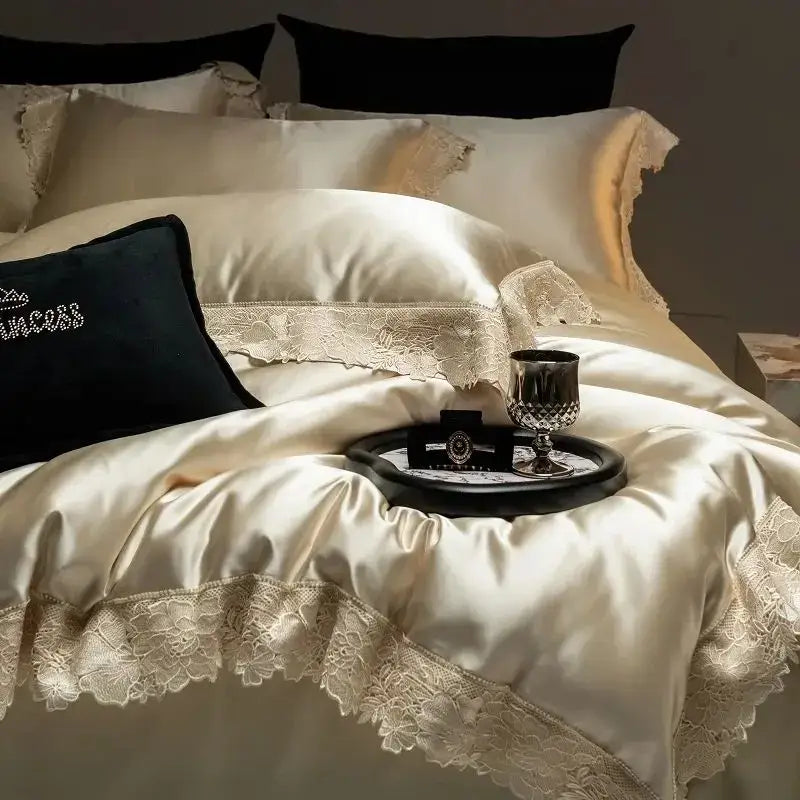 Luxe french lace cream satin bedding set bedroom duvet cover