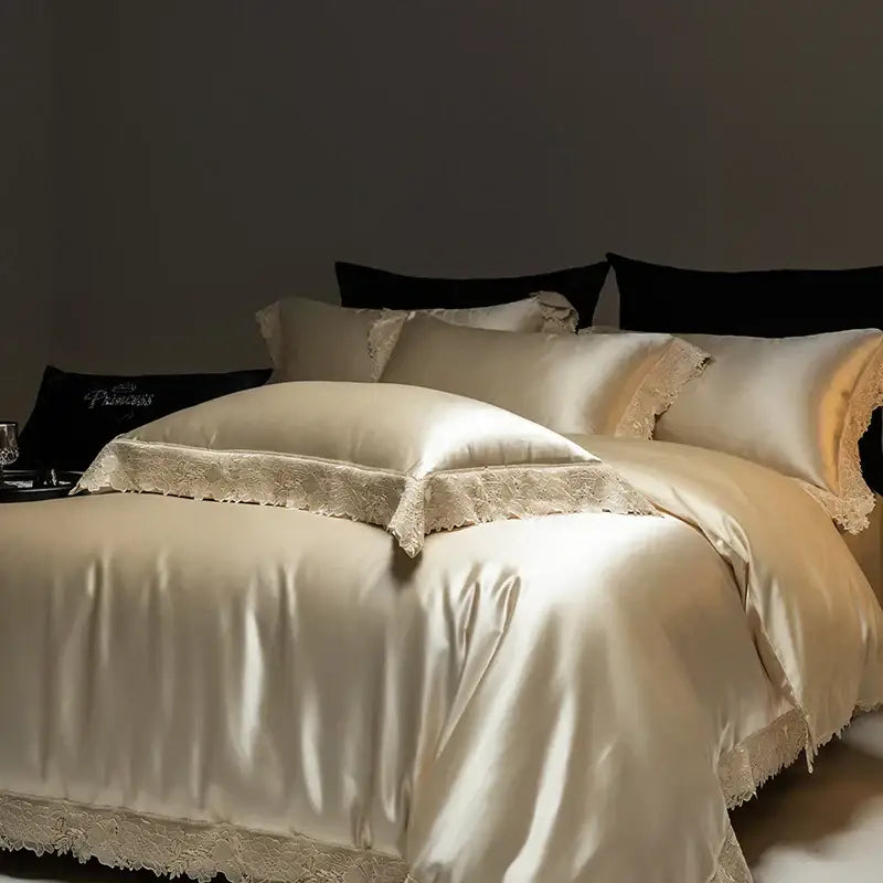 Luxe french lace cream satin bedding set bedroom duvet cover