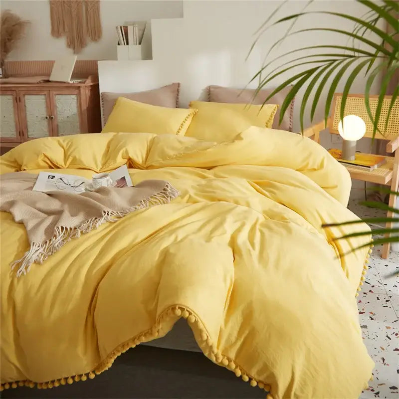 Luxe furball tasseled yellow bedding set bedroom pom pom duvet cover