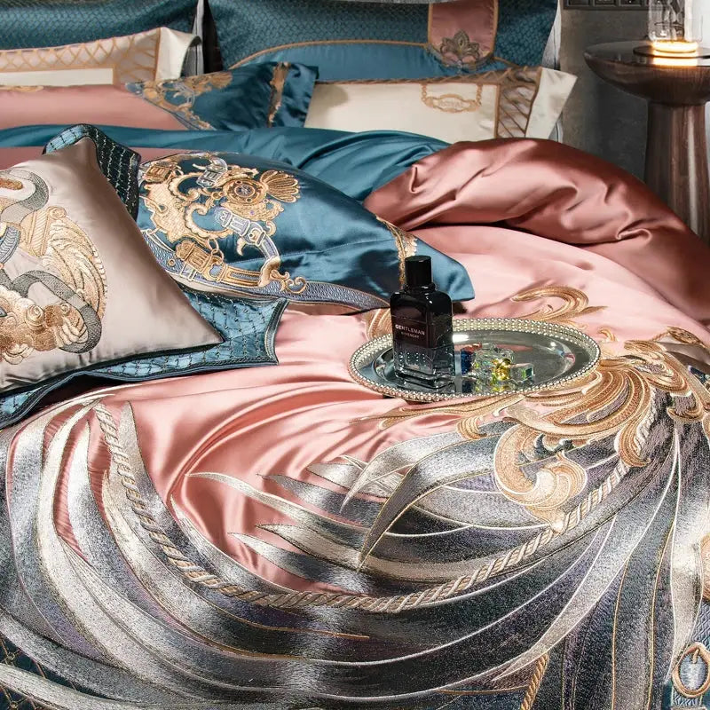 Baroque teal & rose gold luxe gold embroidery bedding set bedroom