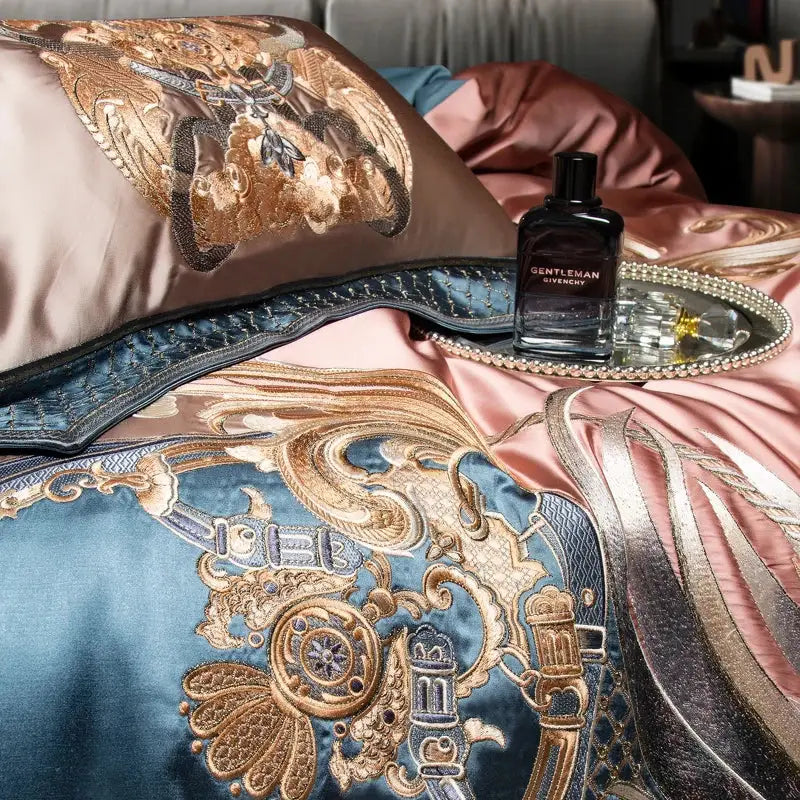 Baroque teal & rose gold luxe gold embroidery bedding set bedroom