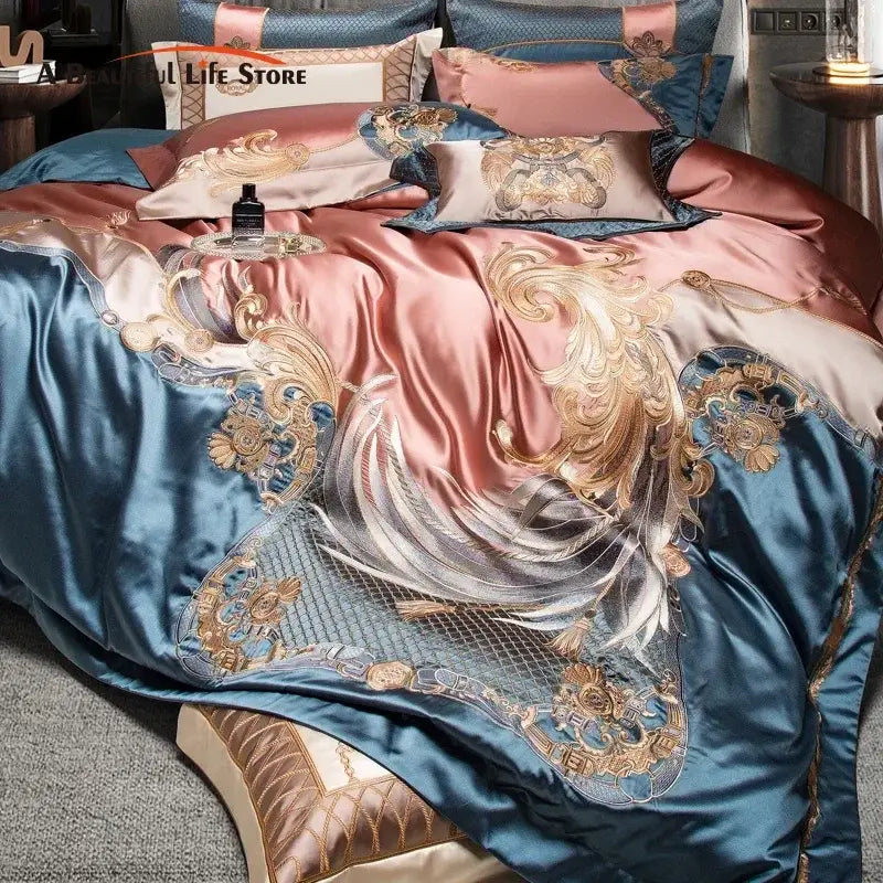 Baroque teal & rose gold luxe gold embroidery bedding set bedroom