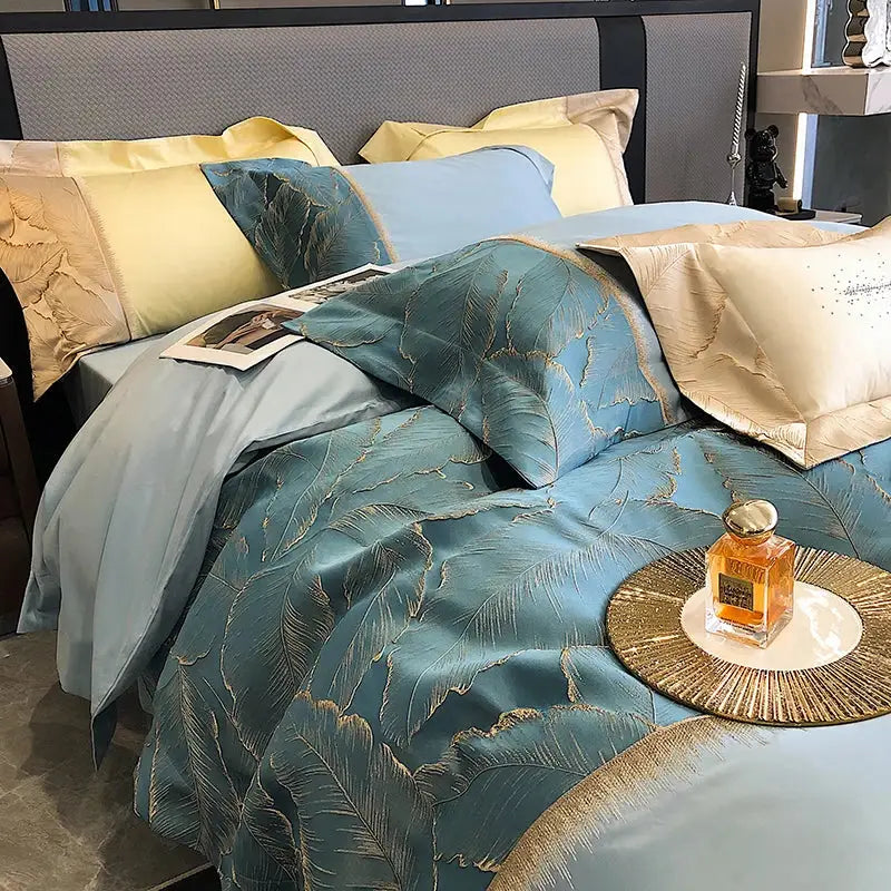 Luxe teal & gold satin jacquard 1000tc egyptian cotton bedding set bedroom