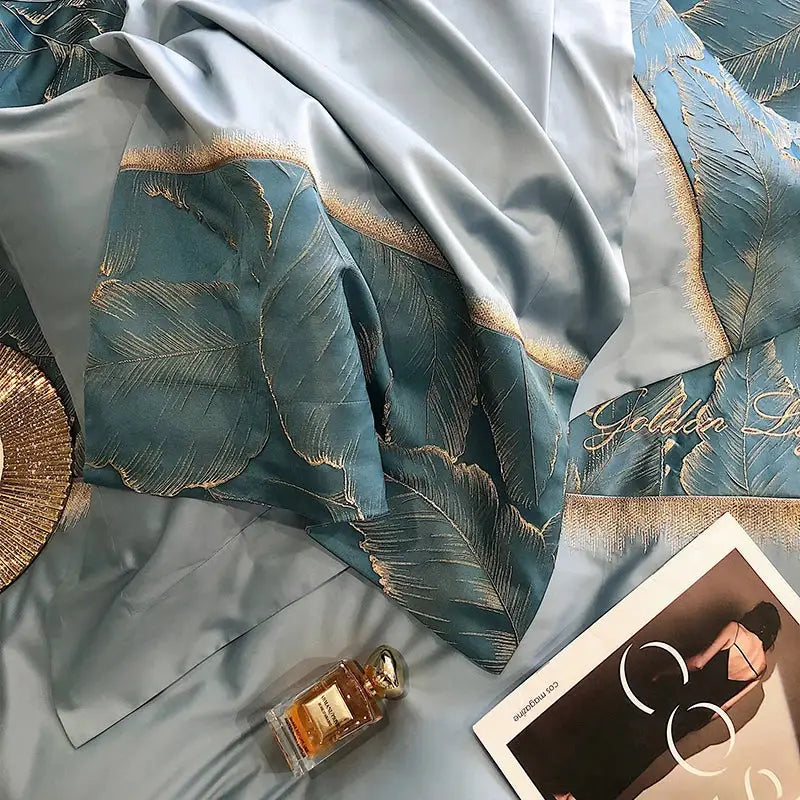 Luxe teal & gold satin jacquard 1000tc egyptian cotton bedding set bedroom