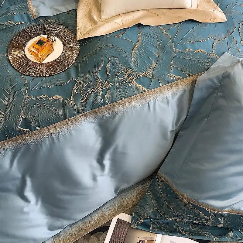 Luxe teal & gold satin jacquard 1000tc egyptian cotton bedding set bedroom