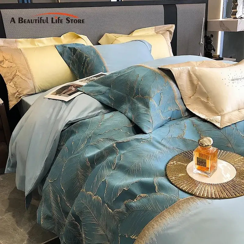 Luxe teal & gold satin jacquard 1000tc egyptian cotton bedding set bedroom