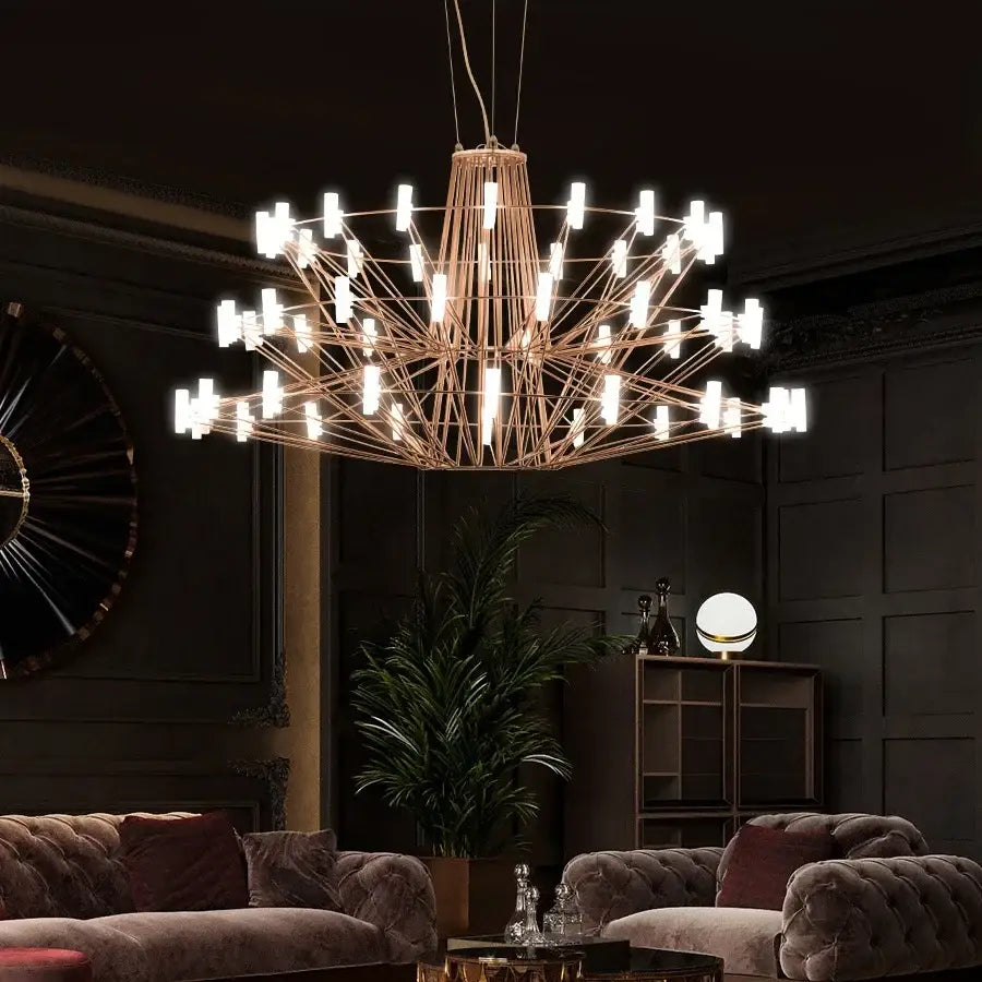 Modern luxe iron wire round led chandelier black and white dining room