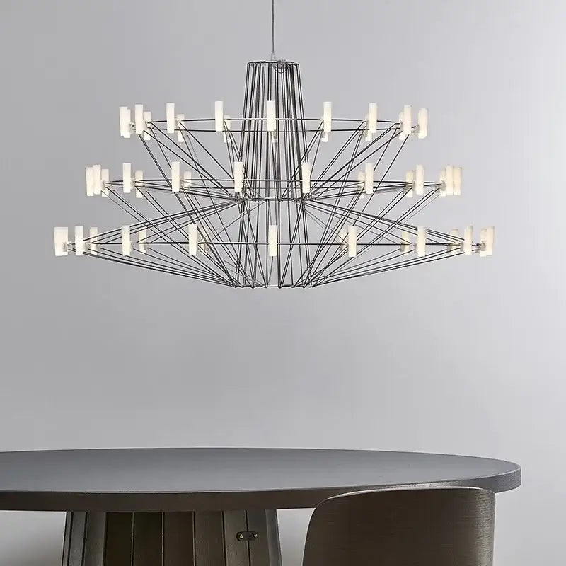 Modern luxe iron wire round led chandelier black and white dining room