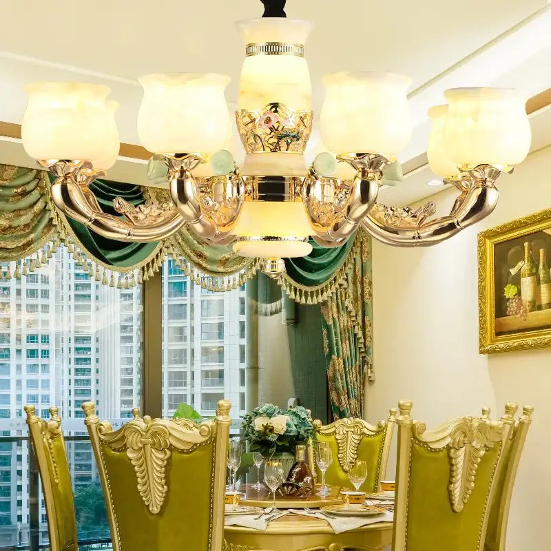 Luxe jade copper gold chandelier with frosted shades living room