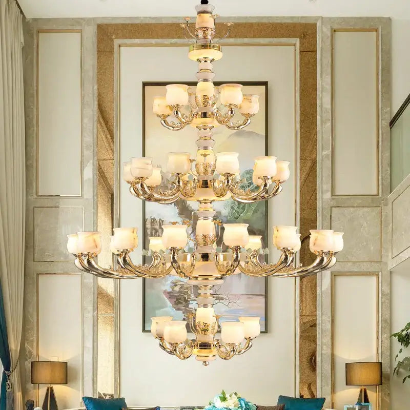 Luxe jade copper gold chandelier with frosted shades living room