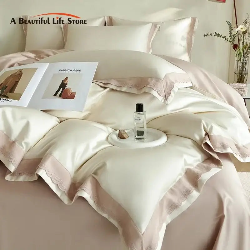Luxe cream & pink lace bedding set bedroom egyptian cotton satin