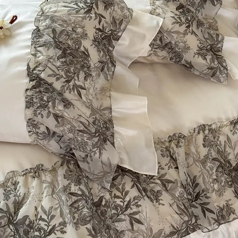 Luxe gray botanical lace ruffles wedding bedding set bedroom