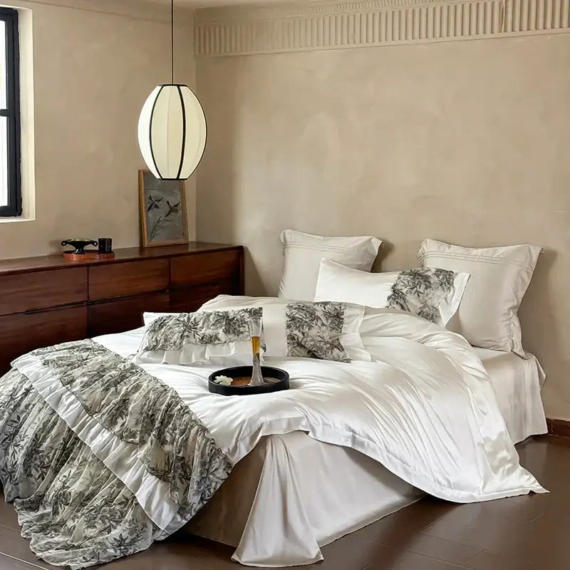 Luxe gray botanical lace ruffles wedding bedding set bedroom